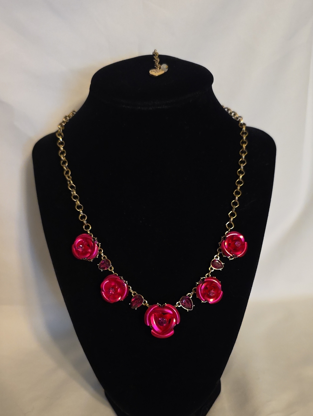 Betsey Johnson Gold-Tone Necklace with Hot Pink Rose and Hot Pink Crystals
